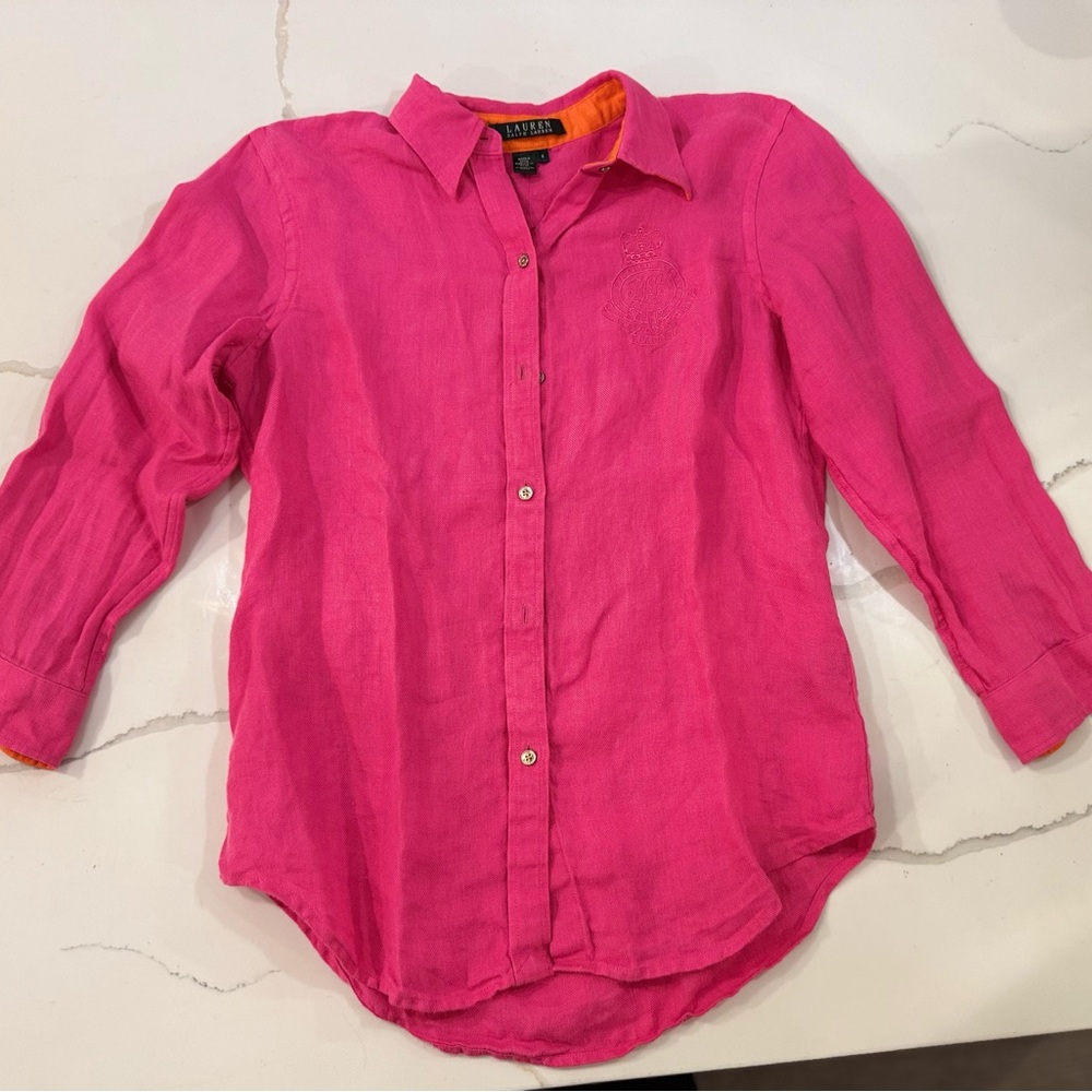 Polo Lauren Ralph Lauren Hot Pink Orange Gold Button-up Blouse